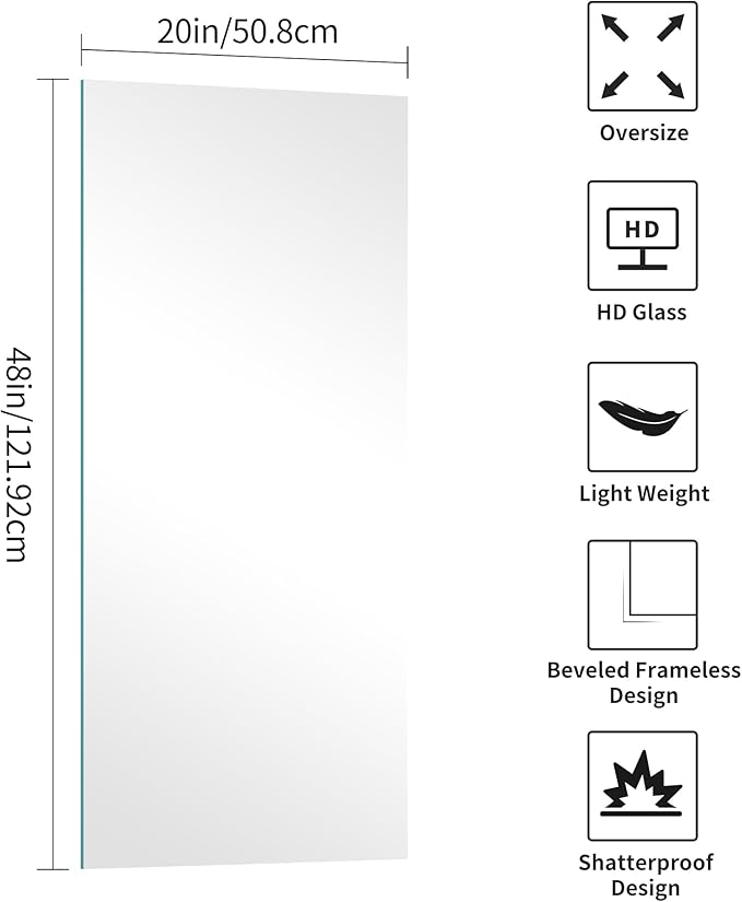 KOCUUY Frameless Mirror, 20x48 Inch Bathroom Mirrors for Over Sink, Large Rectangle Unframed Wall Mirror with Polished Edge, Upgraded 3mm Tempered Glass, Horizontally or Vertically