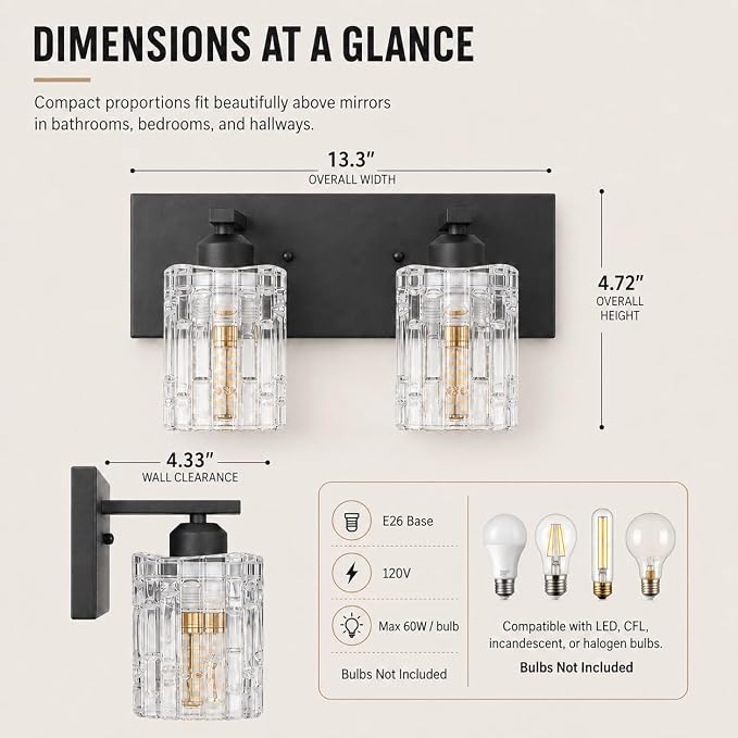 Matte Black Crystal Bathroom Vanity Light,2 Lights Modern Bathroom Wall Light,Over Mirror Light Fixtures for Living Room, Bedroom, Hallway