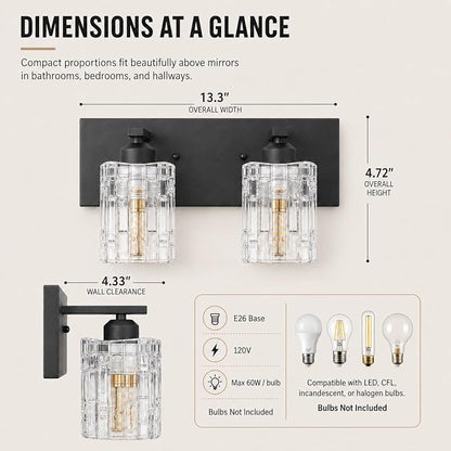 Matte Black Crystal Bathroom Vanity Light,2 Lights Modern Bathroom Wall Light,Over Mirror Light Fixtures for Living Room, Bedroom, Hallway