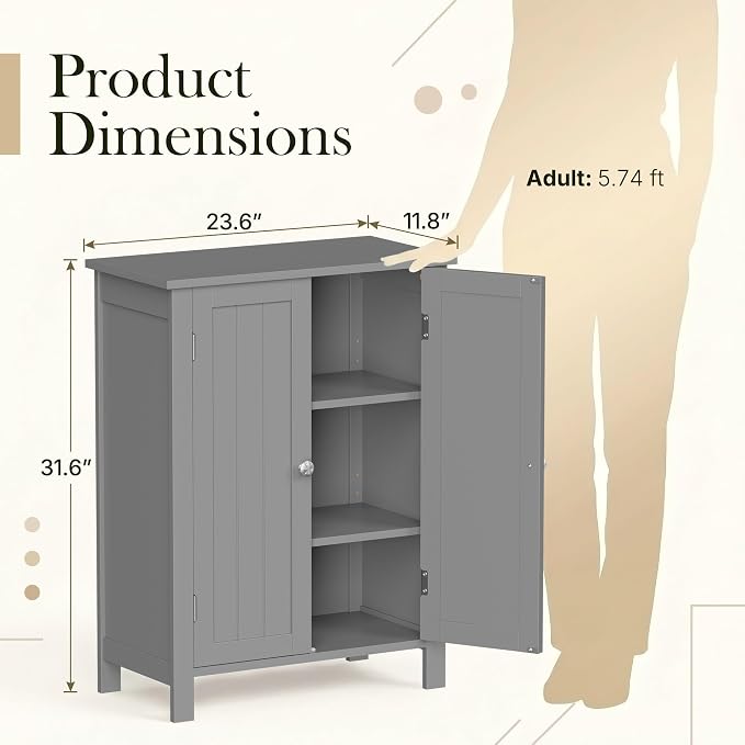 SUPER DEAL Modern Bathroom Floor Storage Cabinet with Adjustable Shelf and Double Door Rust Proof, Living Room Modern Home Furniture Storage Organizer Cabinet, Grey