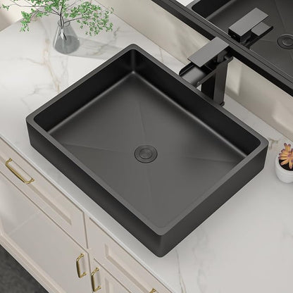 Dcolora 19 In. Black Drop In Bathroom Vessel Sink, 16 Gauge Stainless Steel, Rectangle Design with Drain Assembly, 15"D x 19"W x 4"H #DC-VS261203