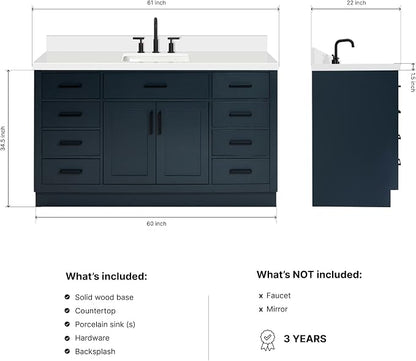 ARIEL Hepburn 60-inch Bathroom Vanity with Sink,Solid Wood, 1.5-inch Pure White Quartz Countertop, Single Rectangular Porcelain Sink, 2 Soft Closing Doors, 9 Dovetail Drawers, Midnight Blue