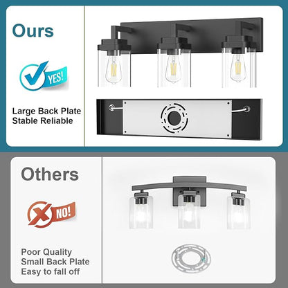 Matte Black Bathroom Light Fixtures, Modern Vanity Lights with Clear Glass Lamp Shade, Bathroom Lighting Fixtures Over Mirror, Restroom Vanity Lighting Fixture, 3-Light 22 Inch