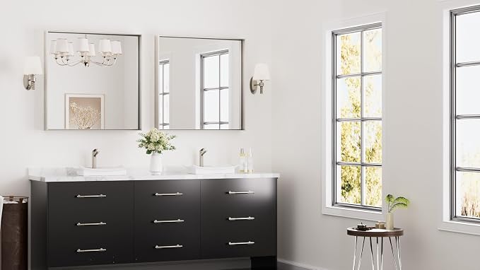 Keonjinn 30x30 Inch Brushed Nickel Bathroom Mirror for Over Sink, Rectangle | HD Tempered Glass, Vanity Mirror, Brushed Framed, Square Corner, Modern Farmhouse, Wall Mounted Mirrors, Aluminum Alloy
