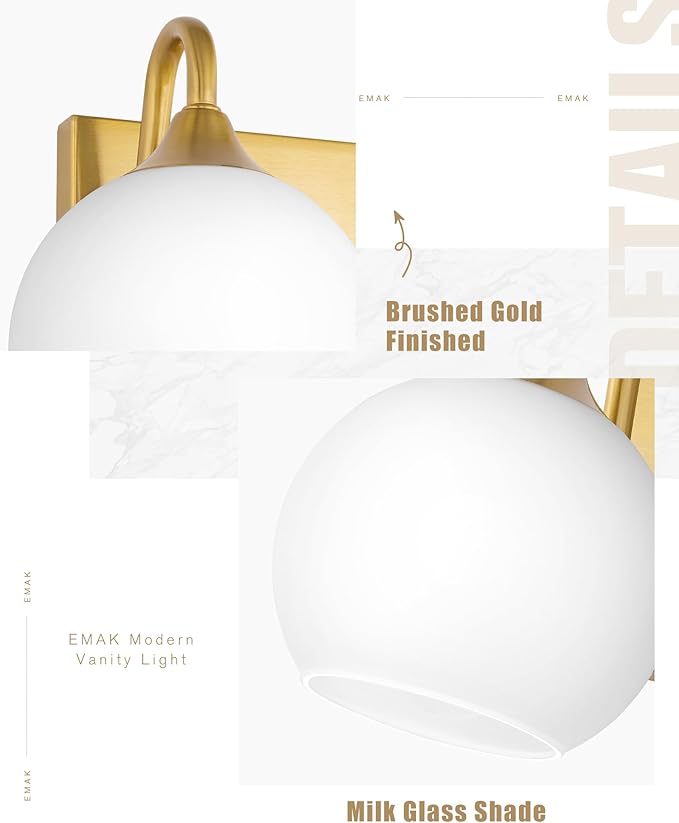 Emak Globe Bathroom Light Fixtures, Brushed Gold Vanity Lights with Milk Glass Shade, Modern 2-Light Wall Sconce for Bathroom, Mirror, VL118-BGD-ML-2