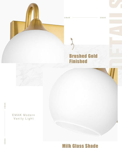Emak Globe Bathroom Light Fixtures, Brushed Gold Vanity Lights with Milk Glass Shade, Modern 2-Light Wall Sconce for Bathroom, Mirror, VL118-BGD-ML-2