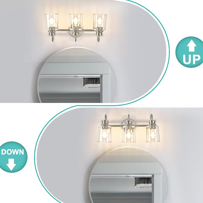 3 Lights Bathroom Light Fixtures Brushed Nickel Vanity Lights | ETL Certificate, Easy to Install,Wall Mount Up or Down,Thickened Glass Lampshade,E26 Socket,Hardwired