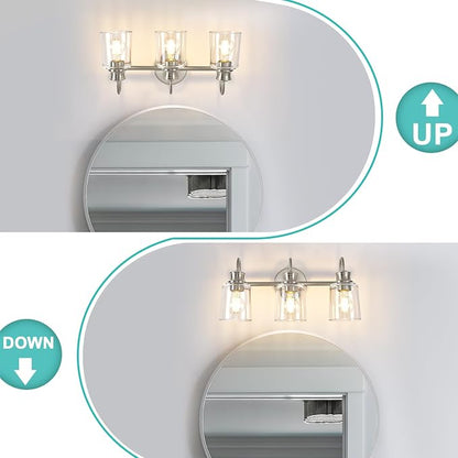 3 Lights Bathroom Light Fixtures Brushed Nickel Vanity Lights | ETL Certificate, Easy to Install,Wall Mount Up or Down,Thickened Glass Lampshade,E26 Socket,Hardwired