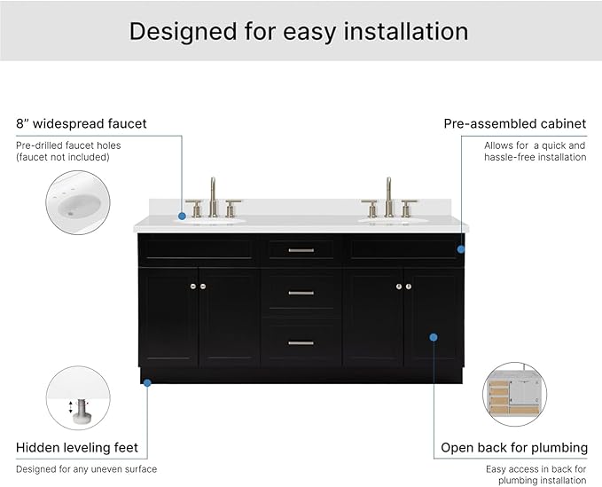 ARIEL Hamlet 72-inch Bathroom Vanity with Sink,Solid Wood, 1.5-inch Pure White Quartz Countertop & Backsplash, Double Oval Porcelain Sink, 4 Soft Closing Doors, 3 Dovetail Drawers, Black