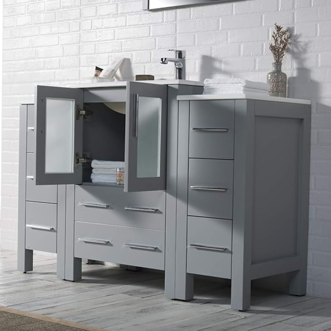 Blossom 48 Inch Bathroom Vanity with Sink - Metal Grey Solid Wood Cabinet with Tempered Glass & Side Storage Towers - Clearance Bathroom Vanity - Integrated Sink Countertop - Bathroom Sink Vanities