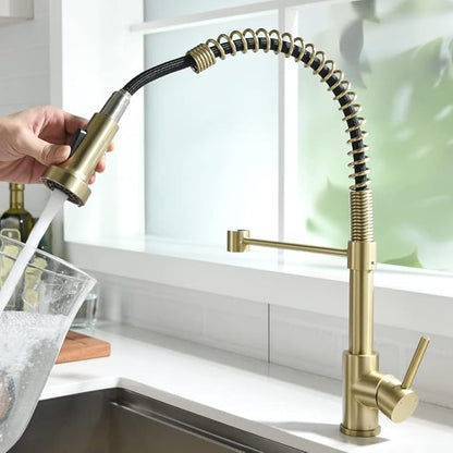 OWOFAN Kitchen Faucet, Kitchen Faucets with Pull Down Sprayer Sus304 Stainless Steel Industrial Single Handle One Hole Faucet for Farmhouse Camper Laundry Utility Rv Wet Bar Sinks Bushed Gold 9009J