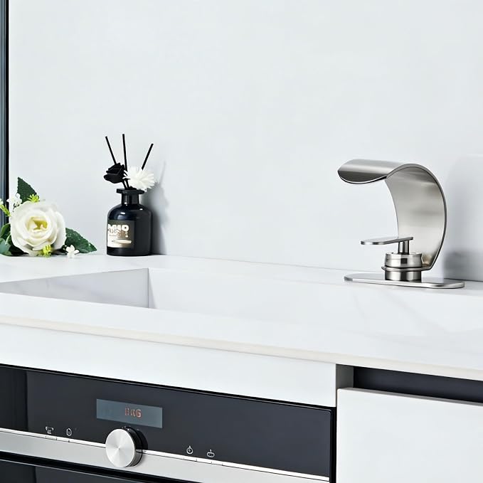Brushed Nickel Waterfall Bathroom Sink Faucet, Modern Single Hole 1 Handle Vanity Faucet with Pop-Up Drain & 2 Hoses, Stainless Steel Deck Mount Lavatory Faucet for Bathroom Sink