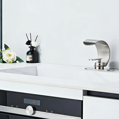 Brushed Nickel Waterfall Bathroom Sink Faucet, Modern Single Hole 1 Handle Vanity Faucet with Pop-Up Drain & 2 Hoses, Stainless Steel Deck Mount Lavatory Faucet for Bathroom Sink