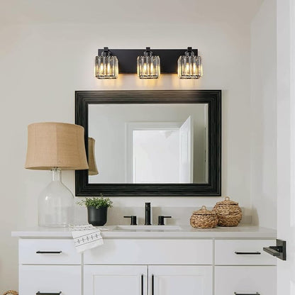Black Vanity Light, 19.7" Modern Crystal Bathroom Light Fixtures Over Mirror 3-Light Bathroom Vanity Light