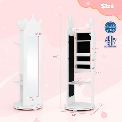 HONEY JOY Kids Jewelry Armoire Cabinet, 360 Degree Swivel Base Wooden Standing Jewelry Organizer w/Full-length Mirror and Clothes Rack, Children Dress Up Jewelry Cabinet for Little Girls (White)