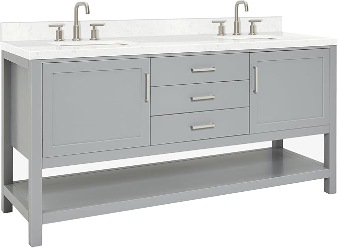 ARIEL Bayhill 72-inch Bathroom Vanity with Sink,Solid Wood, 1.5-inch Carrara White Quartz Countertop & Backsplash, Double Rectangular Porcelain Sink, 2 Soft Closing Doors, 3 Dovetail Drawers, Grey
