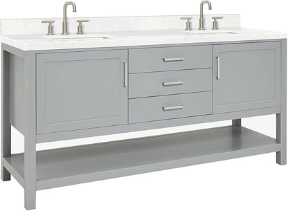 ARIEL Bayhill 72-inch Bathroom Vanity with Sink,Solid Wood, 1.5-inch Carrara White Quartz Countertop & Backsplash, Double Rectangular Porcelain Sink, 2 Soft Closing Doors, 3 Dovetail Drawers, Grey