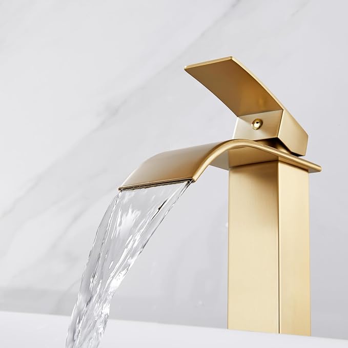 Midanya Waterfall Spout Bathroom Faucet Single Handle 1 Hole Bathroom Sink Faucet,Modern RV Lavatory Vanity Basin Tap with Water Hose,No Drain,Tall Body,Brushed Gold