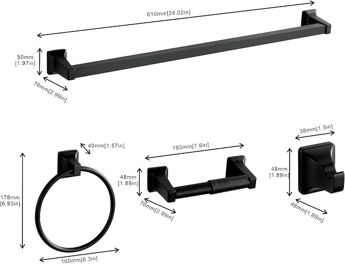 4 Pieces Bathroom Hardware Accessories Set, Stainless Steel 24 inch Towel Bar, Towel Rack, Robe Hook, Toilet Paper Holder for Bathroom Wall Mounted (Matte Black)