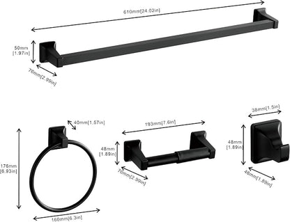 4 Pieces Bathroom Hardware Accessories Set, Stainless Steel 24 inch Towel Bar, Towel Rack, Robe Hook, Toilet Paper Holder for Bathroom Wall Mounted (Matte Black)