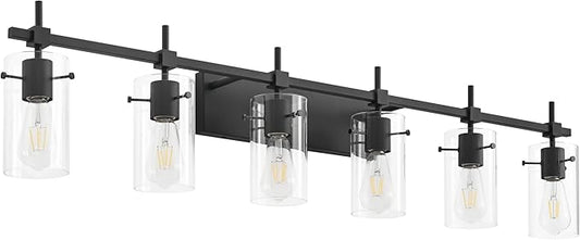 SOLFART Black Vanity Light fixtures 49.2 inch 6 Lights Wall Light Fixtures Above Mirror for Bathroom with Glass Shade (Exclude Bulb)