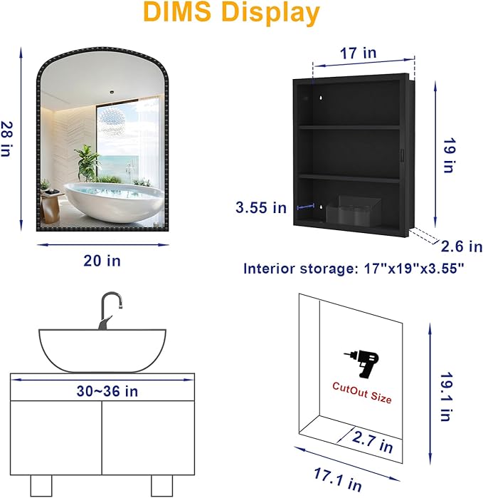 Black Medicine Cabinet for Bathroom, Surface Mount or Recessed Medicine Cabinets with Storage and Arched Mirror 20"x28" , All-Metal Daisy Decor Frame, Includes 2 Adjustable Shelves and 1 Organizer