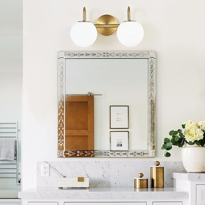 Modern Bathroom Vanity Light Fixtures 2 Lights Brushed Brass Milk White Globe Glass Shade Modern Wall Bar Sconce Lighting Bath Vanity Lights Over Mirror (Exclude G9 Bulb)