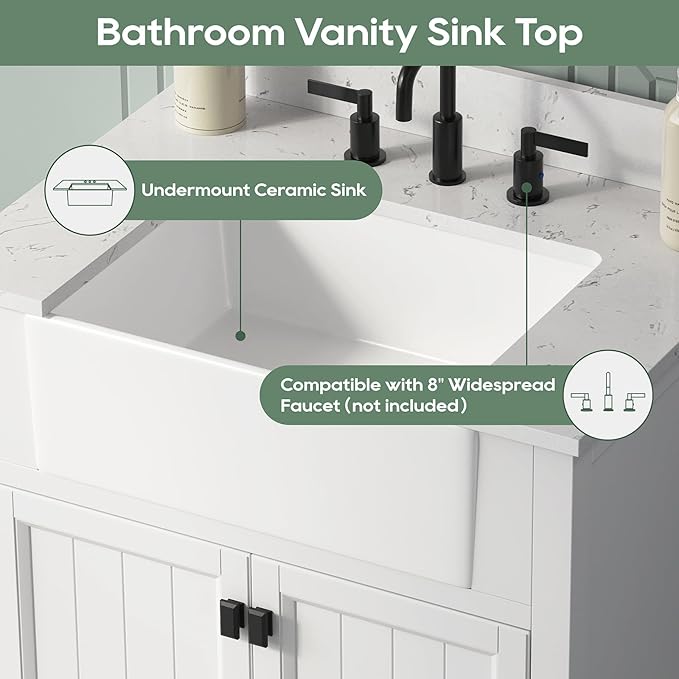 30 Inch White Bathroom Vanity with Sink, Farmhouse Bathroom Vanities Cabinet with Soft Closing Doors, Vanity for Bathroom with Apron Farm Sink, Solid Wooden Frame