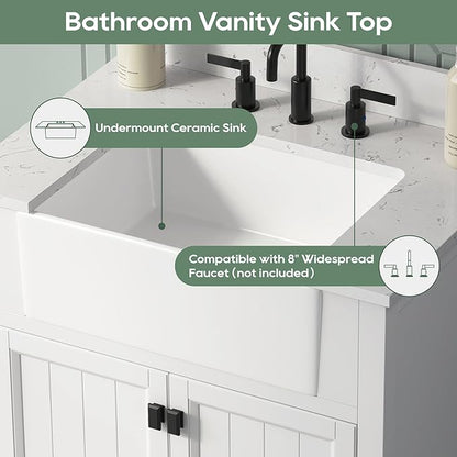 30 Inch White Bathroom Vanity with Sink, Farmhouse Bathroom Vanities Cabinet with Soft Closing Doors, Vanity for Bathroom with Apron Farm Sink, Solid Wooden Frame