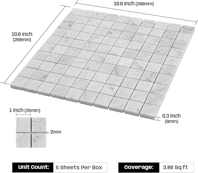 Carrara Marble Mosaic Tile for Kitchen Bathroom Floor 1 Inch Square 5 Pcs | Water & Heat Resistant Honed Marble Backsplash Tiles for Wall Fireplace Surround Durable Unique Veins 3.9SQFT