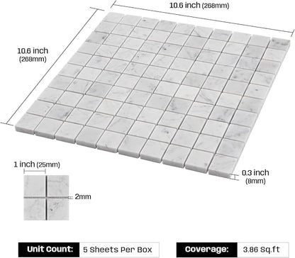 Carrara Marble Mosaic Tile for Kitchen Bathroom Floor 1 Inch Square 5 Pcs | Water & Heat Resistant Honed Marble Backsplash Tiles for Wall Fireplace Surround Durable Unique Veins 3.9SQFT