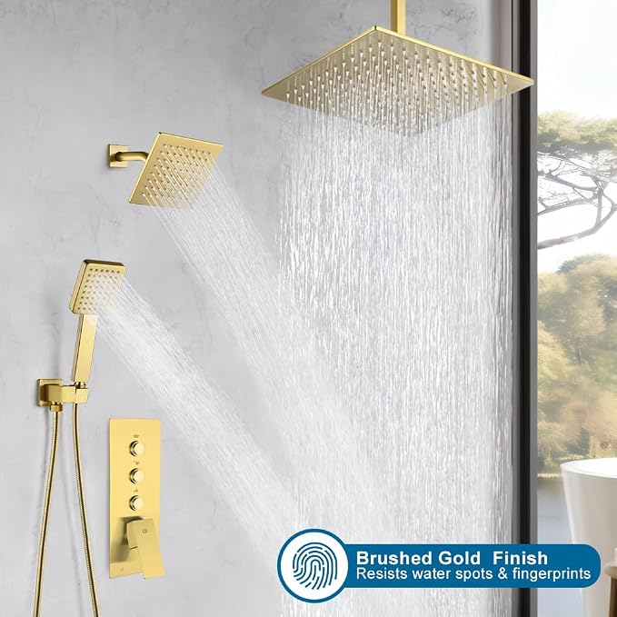 Shower Faucet Set Brushed Gold Bathroom Rainfall Shower System, 12 Inch Ceiling Mount Shower Head with 6 Inch Wall Mount Shower Head, Include Shower Valve and Trim Kit