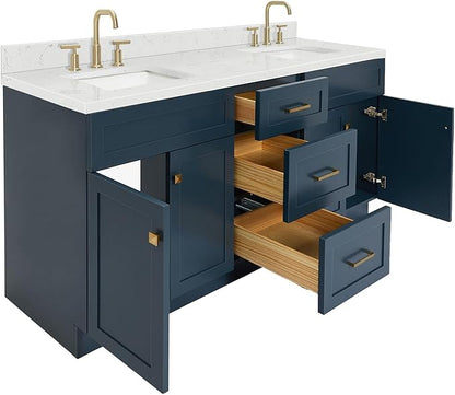ARIEL Hamlet 72-inch Bathroom Vanity with Sink,Solid Wood, 1.5-inch Carrara White Quartz Countertop, Double Rectangular Porcelain Sink, 4 Soft Closing Doors, 3 Dovetail Drawers, Midnight Blue