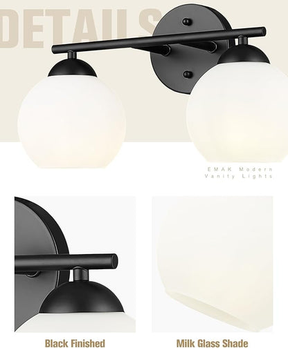 Emak Black Vanity Lights for Mirror, Modern Farmhouse 2-Light Bathroom Light Fixtures Globe Bathroom Vanity Light with Milk Glass Shade, VL114-BK-ML-2