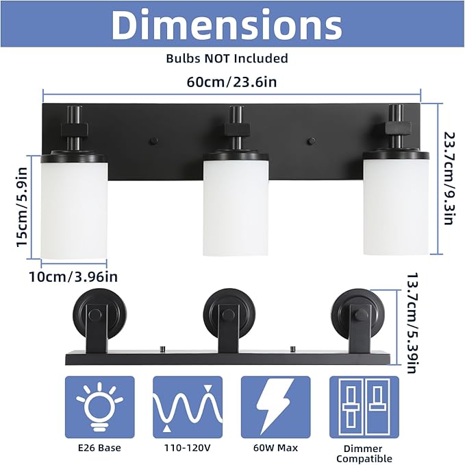 LOUSACE 3 Light Bathroom Vanity Lights Matte Black Bathroom Lighting Fixtures Over Mirror with Opal White Glass Shades, Wall Fixture Vanity Lighting