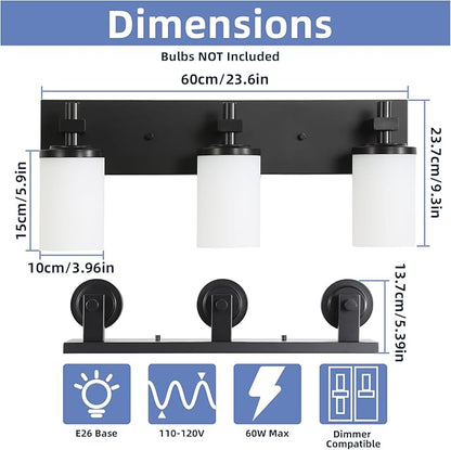 LOUSACE 3 Light Bathroom Vanity Lights Matte Black Bathroom Lighting Fixtures Over Mirror with Opal White Glass Shades, Wall Fixture Vanity Lighting