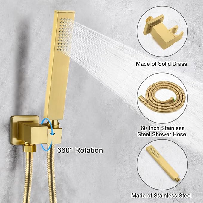 Brushed Gold Shower Faucet Set Complete Bathroom Rainfall Shower Fixture Wall Mounted 8 Inch Shower Head System and Handle Set with Rough-in Valve Body and Trim Kit