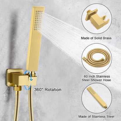 Brushed Gold Shower Faucet Set Complete Bathroom Rainfall Shower Fixture Wall Mounted 8 Inch Shower Head System and Handle Set with Rough-in Valve Body and Trim Kit