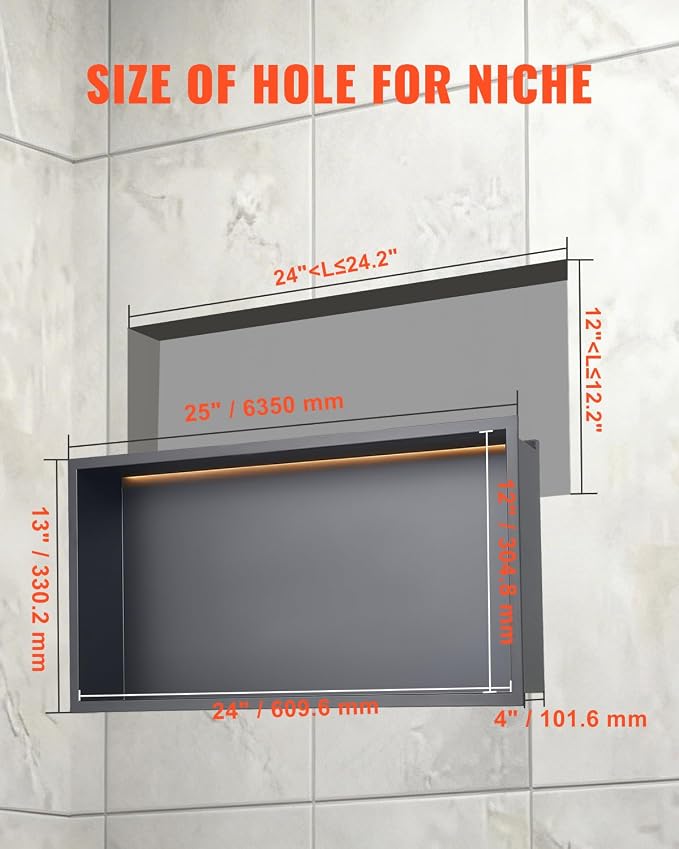 VEVOR Shower Niche, 13 x 25 x 4 inch Recessed Wall Niche with LED Strip,Heavy-Duty Stainless Steel Modern Shampoo Storage Organizer,Sealed Waterproof, Durable & Easy to Install,Black for Bathroom
