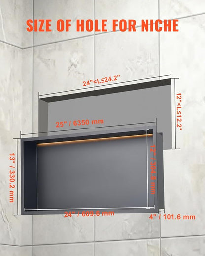 VEVOR Shower Niche, 13 x 25 x 4 inch Recessed Wall Niche with LED Strip,Heavy-Duty Stainless Steel Modern Shampoo Storage Organizer,Sealed Waterproof, Durable & Easy to Install,Black for Bathroom