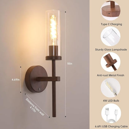 Shenmoyl Battery Operated Wall Sconces Set of 2, Walnut Color Rechargeable Wall Lighting Fixtures, Dimmable Wall Lights with Remote & Clear Glass Shade for Living Room, Bathroom,Bedroom