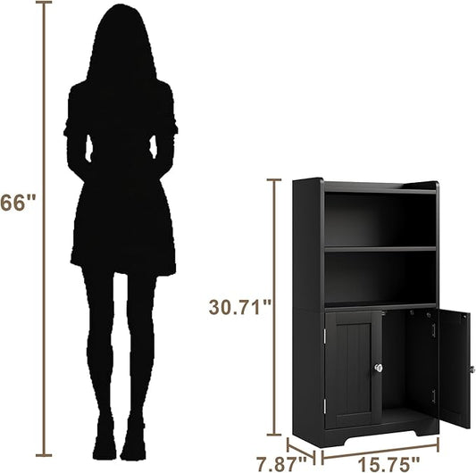 ChooChoo Small Bathroom Storage Cabinet, Narrow Toilet Paper Cabinet with 2 Door and Shelves, Freestanding Bathroom Floor Cabinet and Organizers for Small Spaces, 7.8" D * 15.7" W * 30.7" H, Black