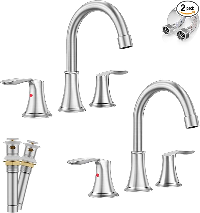 Phiestina Widespread 8 Inch 3 Holes Brushed Nickel Bathroom Faucet 2Pack, Two Handles Stainless Steel Bathroom Sink Faucet with Metal Pop-Up Drain and Water Supply Lines, WFTY36-BN-2PACK