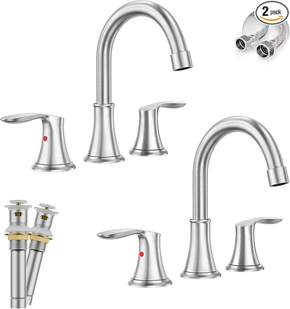 Phiestina Widespread 8 Inch 3 Holes Brushed Nickel Bathroom Faucet 2Pack, Two Handles Stainless Steel Bathroom Sink Faucet with Metal Pop-Up Drain and Water Supply Lines, WFTY36-BN-2PACK