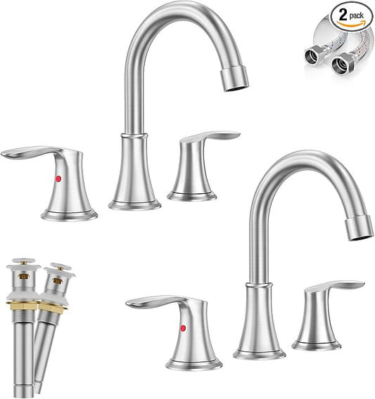 Phiestina Widespread 8 Inch 3 Holes Brushed Nickel Bathroom Faucet 2Pack, Two Handles Stainless Steel Bathroom Sink Faucet with Metal Pop-Up Drain and Water Supply Lines, WFTY36-BN-2PACK