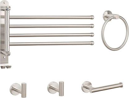 NearMoon 5 Pieces Bath Hardware Set, Include Swivel Towel Rack, Hand Towel Ring, Toilet Paper Holder and 2 Robe Towel Hooks, Stainless Steel Bathroom Accessories Wall Mounted (Brushed Nickel)
