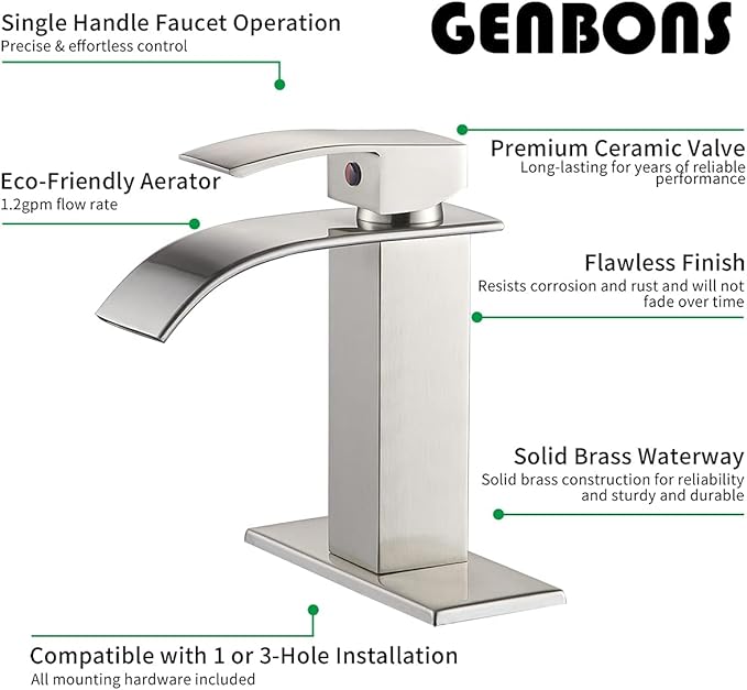 Waterfall Single Handle Bathroom Vanity Sink Faucet with Metal Pop-up Drain, Brushed Nickel Finish