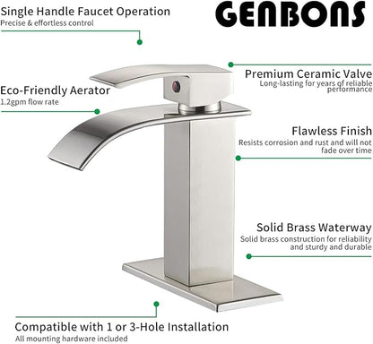 Waterfall Single Handle Bathroom Vanity Sink Faucet with Metal Pop-up Drain, Brushed Nickel Finish