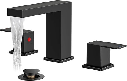 FORIOUS Waterfall Black Bathroom Faucet 3 Hole, 8 Inch Widespread Matte Black Waterfall Faucet for Bathroom Sink 3 Hole with Metal Pop-Up Drain and Supply Lines for Restroom, Lavatory, Vanity