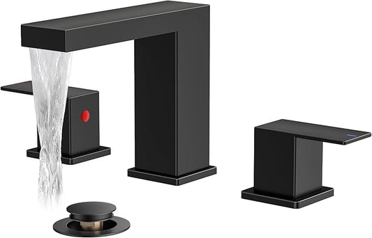 FORIOUS Waterfall Black Bathroom Faucet 3 Hole, 8 Inch Widespread Matte Black Waterfall Faucet for Bathroom Sink 3 Hole with Metal Pop-Up Drain and Supply Lines for Restroom, Lavatory, Vanity